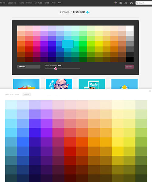 Screenshot of Dribbble and Designspiration color pickers