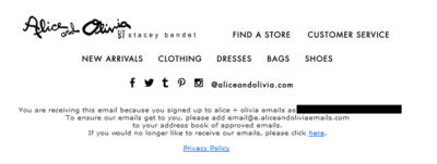 Alice and Olivia's email footer is concise and designed with all good practices in mind.