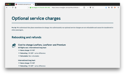 Norwegian’s Optional Service charges webpage holds a full list of the charges they make for optional services.