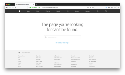 Apple’s 404 page offers a way out through search and a link to the site’s site map.