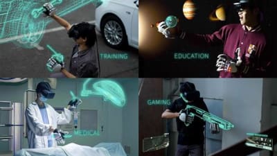 Set of images of man with haptic VR gloves