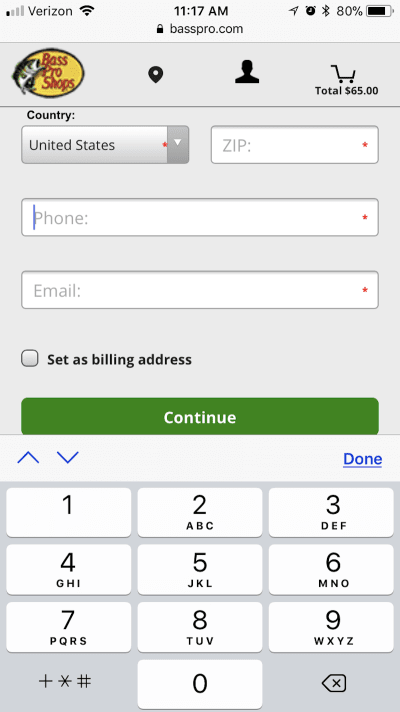 Bass Pro checkout form uses a smart keyboard