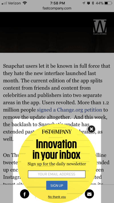 Example of how a modal pop-up works on mobile
