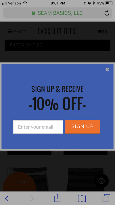 Example of a user-triggered mobile pop-up