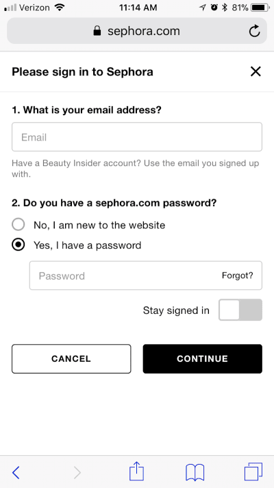 Sephora lets customers save sign-in information