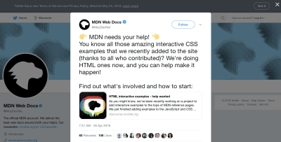 Screenshot of a tweet asking for help with HTML examples