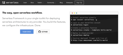 The Serverless Framework web site. Useful for installation and documentation.