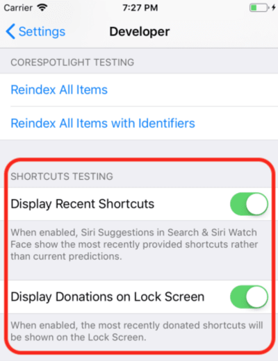 Screenshot of Siri debug settings