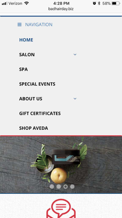 The simplified navigation menu for the Bad Hair Day website.
