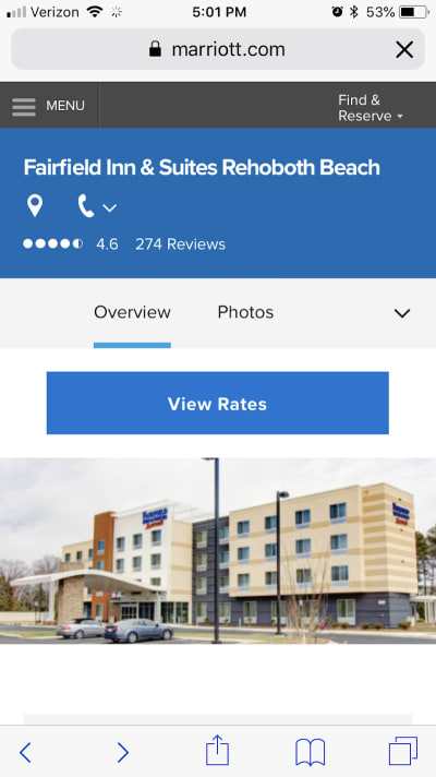 The top of the Fairfield Inn & Suites page displays the average user rating as well as number of reviews.