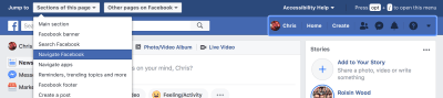 When I focus on the ‘Navigate Facebook’ option in the dropdown, the corresponding section is highlighted in blue
