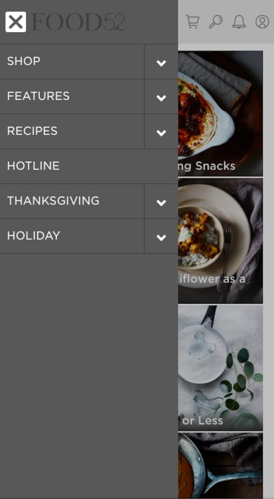 Simplified mobile navigation from Food52