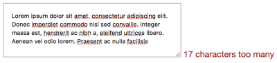An example showing “17 characters too many” in red text next to a <code>&lt;textarea&gt;</code>.