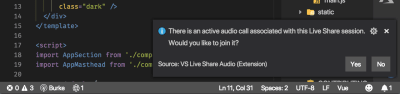vs code notification asking if you would like to join the audio call