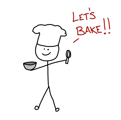 Drawing of a stick figure dressed as a chef who is ready to start baking.
