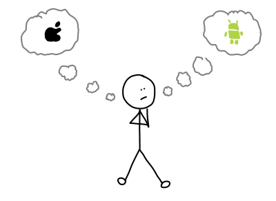 Drawing of stick figure wondering if they should develop for iOS or Android