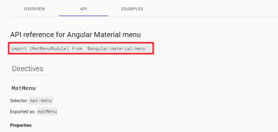 API reference for Angular Material Components