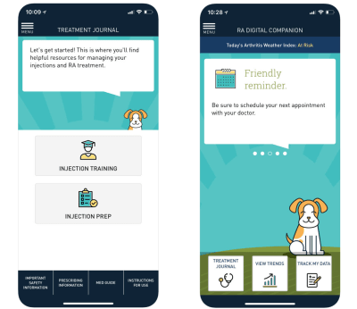 Sanofi’s RA Digital Companion app focuses on helpful resources and uses encouraging language.
