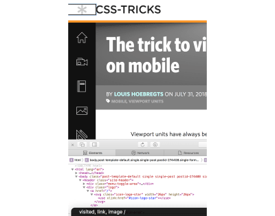 screenshot showing markup of CSS Tricks website