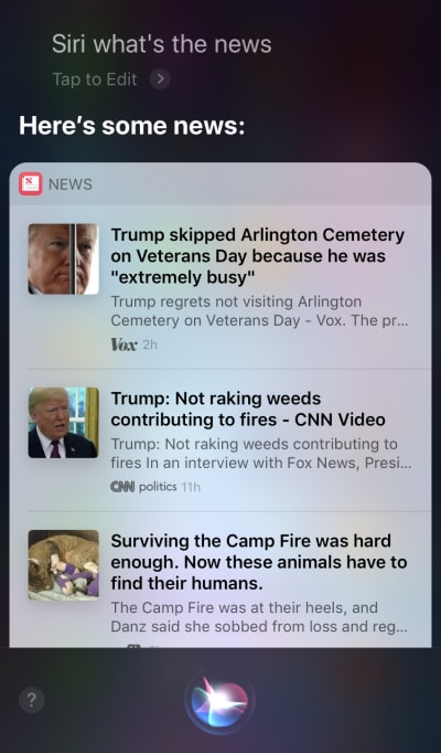 Siri executes a voice command to search for news, but then requires users to touch the screen in order to read the items.