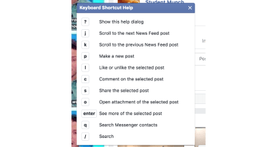 Keyboard shortcuts for scrolling between news feed items, making new posts, etc.