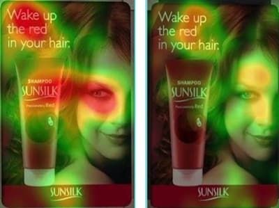 An advertisement for Sunsilk Shampoo in which the lady in the picture is looking at the product compared to a picture of her looking straight