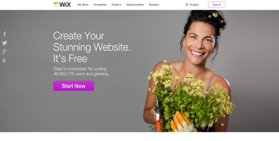 A screenshot of the WIX website with a smiling person presented on the front page