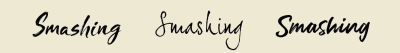 The word “Smashing” typeset in three different fonts where not all letters connect with the surrounding letters.