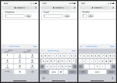 A combined screenshot showing the three custom keyboards offered by Safari on iOS for telephone, email and number field types.