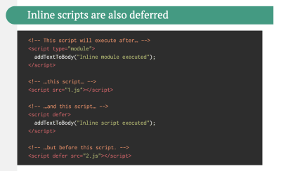 As explained in Jake Archibald’s article, inline scripts are deferred until blocking external scripts and inline scripts are executed.