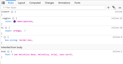 The DevTools in Firefox showing rules for the h1 selector crossed out