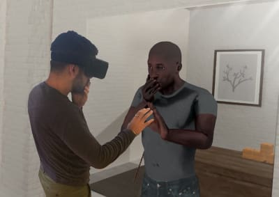 A VR user looks into a virtual mirror and sees himself as a character in a VR environment. (Image credit: businesswire)