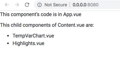 A screenshot of the browser with the message “This component’s code is in App.vue. This child components of Content.vue are: TempVarChart.vue, Highlights.vue”