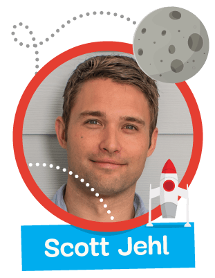 A photo of Scott Jehl, embedded into a red circle Smashing Cat, and an illustrated moon and a space rocket besides it.
