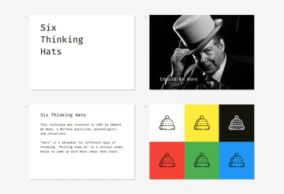 A set of slide samples for conducting a brainstorming session due to the method of Six Thinking Hats
