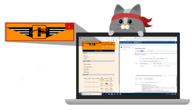 Cartoon cat and a laptop which is running the Accessibility Insights extension