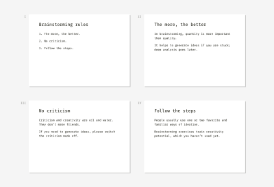 Examples of slides that describe the three core brainstorming rules