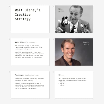 Slide examples for conducting a rainstorming workshop according to Walt Disney's Strategy