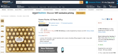Screenshot of Amazon product page for Ferrero Rocher chocolates