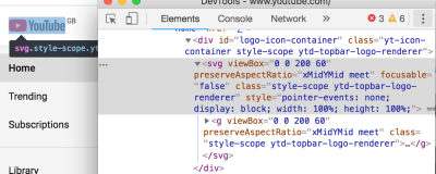 Screenshot of Chrome DevTools inspecting YouTube logo