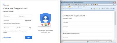 Screenshot comparing Gmail signup screen on Chrome and IE8