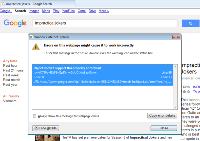 Screenshot of Google search error “Object doesn’t support this property or method”