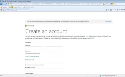 Screenshot of signup page for MSN