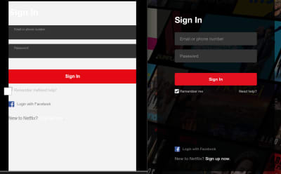 Screenshot comparing sign-in page for Netflix on Chrome and IE8. IE version colors are all over the place, and it's hard to read the text