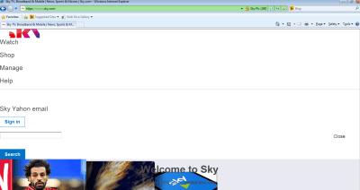 Screenshot of sky.com on IE8, layout is all over the place and text is hard to read when placed over images