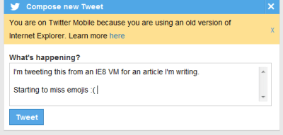 Screenshot of me writing a tweet, lamenting about the lack of emojis in the IE8 twitter view
