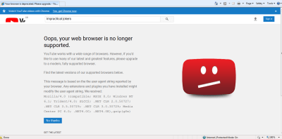Screenshot of IE8 YouTube homepage: “Your web browser is no longer supported”