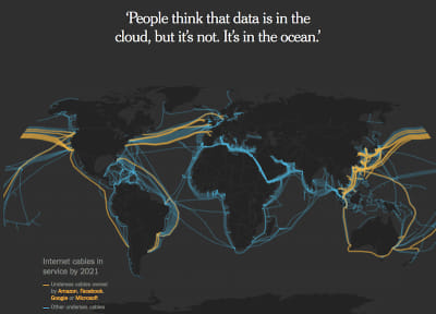 Map of the world showing undersea internet cables in 2021