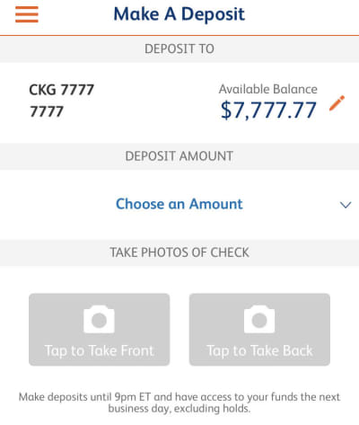 suntrust app check deposit screen
