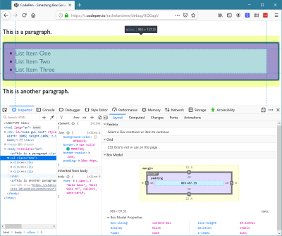 An image of a simple layout with an unordered list highlighted in browser DevTools